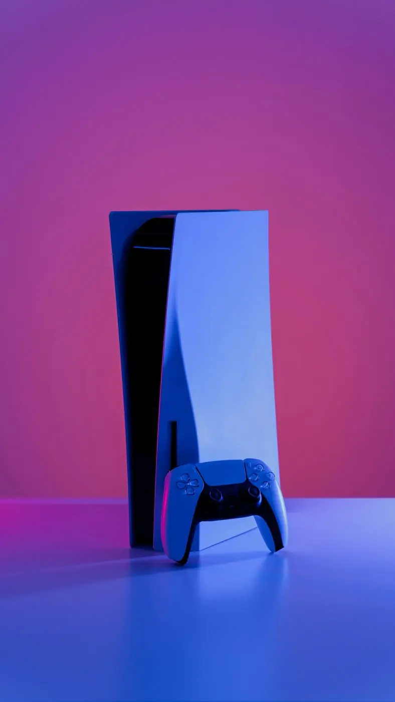 Console PlayStation 5 et sa manette sous une lumière bleue et violette